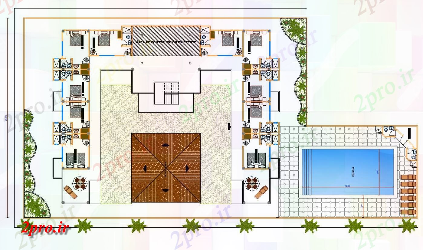 دانلود نقشه هتل - رستوران - اقامتگاه اتاق خواب مبلمان طرحی طبقه با 27 در 51 متر (کد155189)