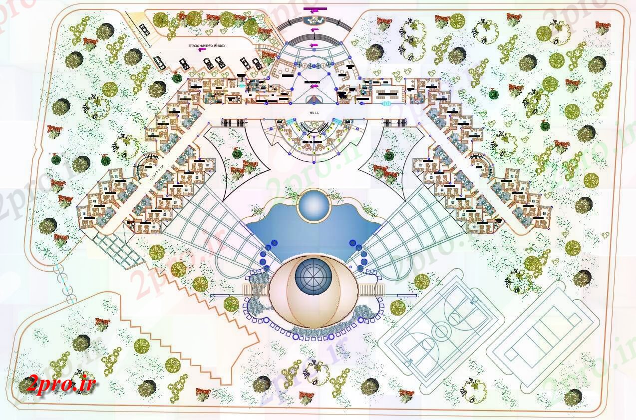 دانلود نقشه هتل - رستوران - اقامتگاه توچال پروژه طبقه همکف طرحی با محوطه سازی 94 در 141 متر (کد155200)