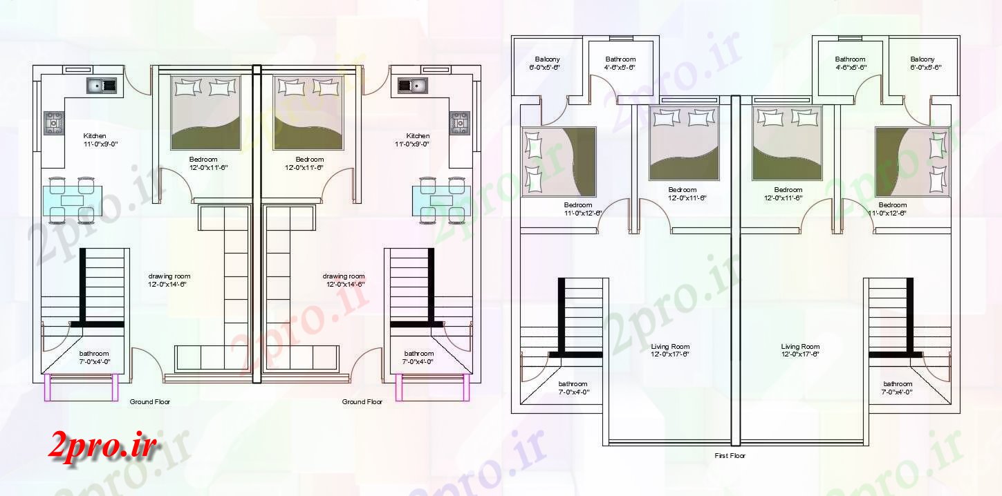 دانلود نقشه خانه های کوچک ، نگهبانی ، سازمانی - فوت مربع خانه 3 اتاق خواب سبک هندی به 8 در 11 متر (کد155228)