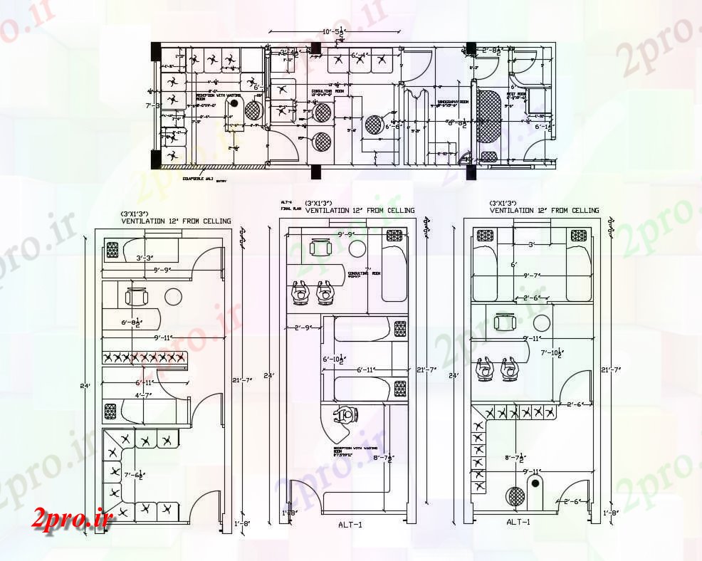 دانلود نقشه بیمارستان - درمانگاه - کلینیک طرحی بهداشت و درمان درمانگاه طبقه با 3 گزینه های مختلف 3 در 7 متر (کد155248)