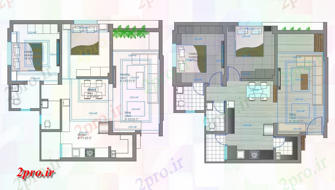 دانلود نقشه خانه های کوچک ، نگهبانی ، سازمانی - طراحی دو BHK آپارتمان طراحی با ارائه 9 در 9 متر (کد155289)
