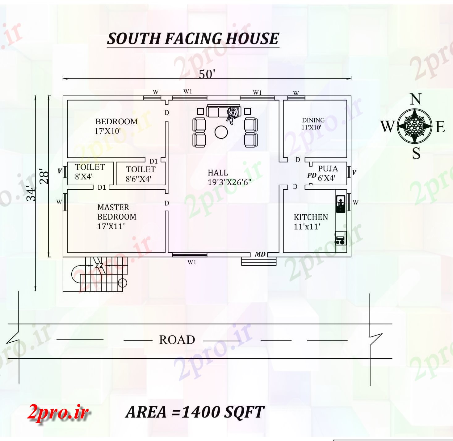 دانلود نقشه مسکونی ، ویلایی ، آپارتمان BHK جنوبی 50'x34، در مواجهه با مجلس طرحی به عنوان در هر Vastu Shastra هستند، 8 در 15 متر (کد155318)