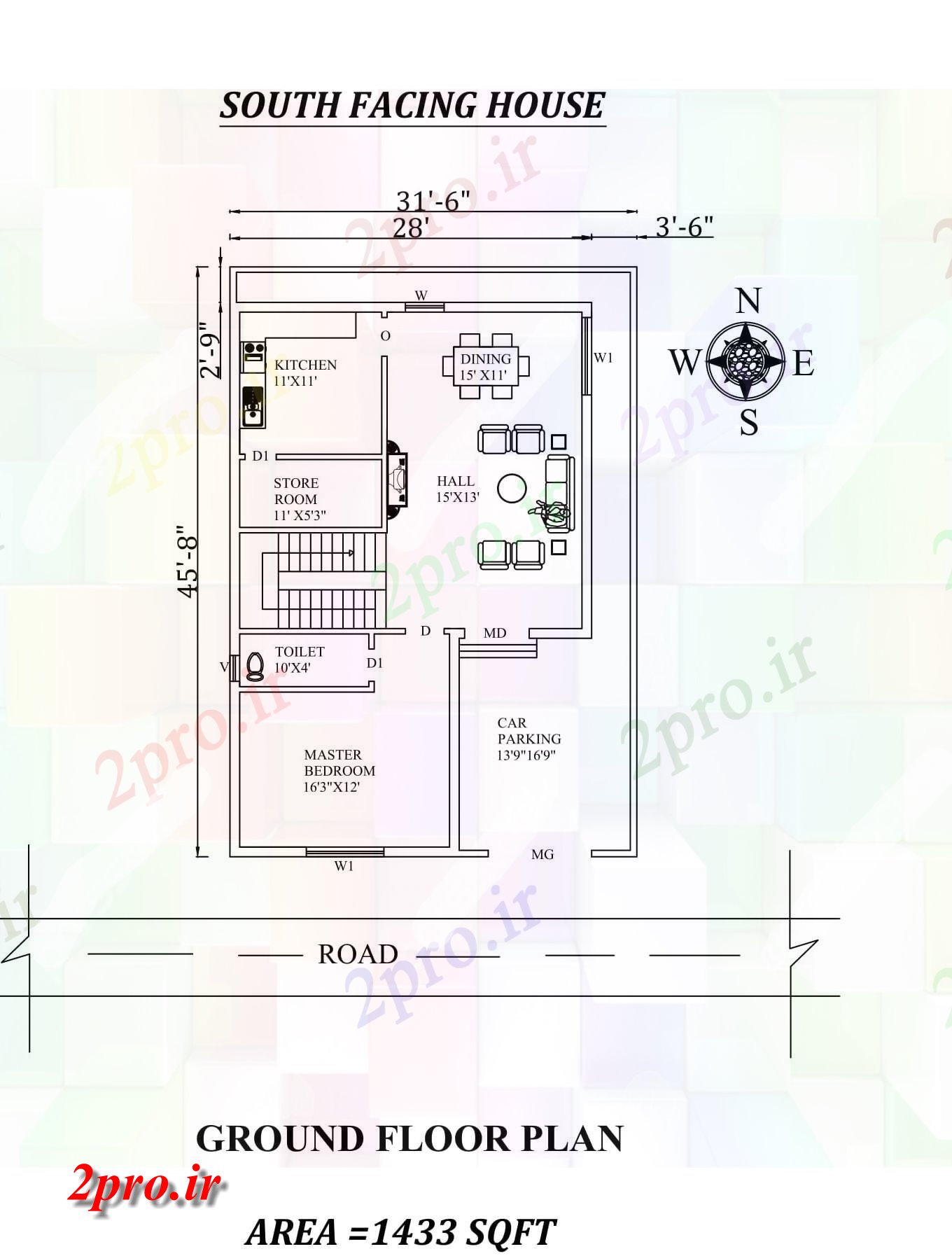 دانلود نقشه مسکونی ، ویلایی ، آپارتمان 6 X 45'9 روبرو طرحی خانه 1 BHK جنوبی به عنوان در هر Vastu Shastra هستند، اتوکد جزئیات 8 در 13 متر (کد155319)