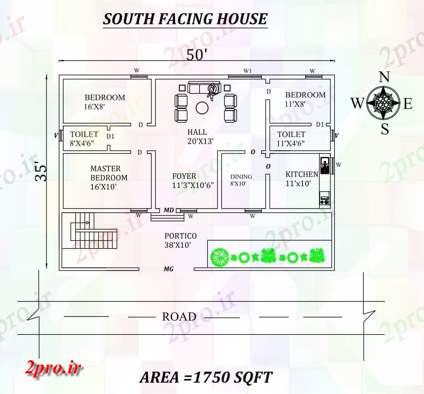 دانلود نقشه مسکونی ، ویلایی ، آپارتمان x35، جنوبی، رو طرحی 3BHK خانه به عنوان در هر Vastu Shastra هستند، جزئیات 7 در 15 متر (کد155320)