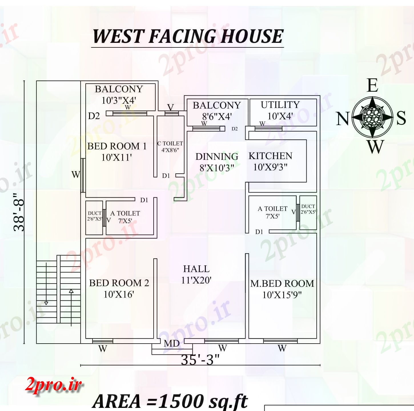 دانلود نقشه مسکونی ، ویلایی ، آپارتمان x38'9 غرب در مواجهه با 3BHK خانه طرحی به عنوان در هر Vastu Shastra هستند، اتوکد جزئیات 10 در 11 متر (کد155321)