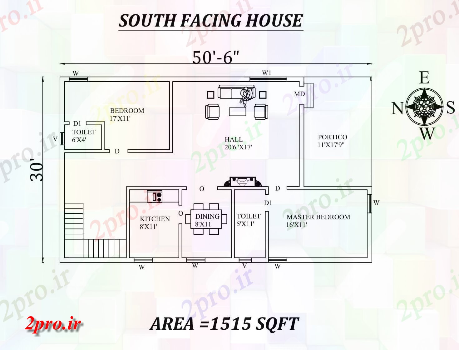 دانلود نقشه مسکونی ، ویلایی ، آپارتمان 6 X30 'عالی 2BHK جنوبی روبرو خانه طرحی به عنوان در هر Vasthu شرا، جزئیات 9 در 15 متر (کد155322)