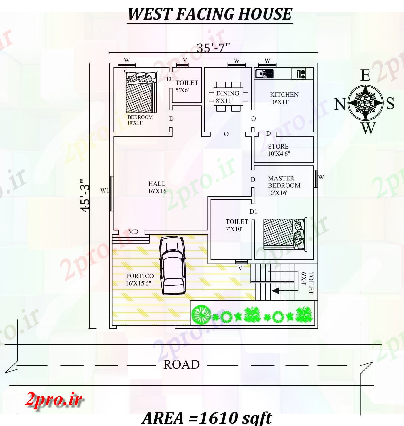 دانلود نقشه مسکونی ، ویلایی ، آپارتمان 6 X45 2BHK غرب مواجه طرحی خانه به عنوان در هر vasthu شرا 10 در 10 متر (کد155323)