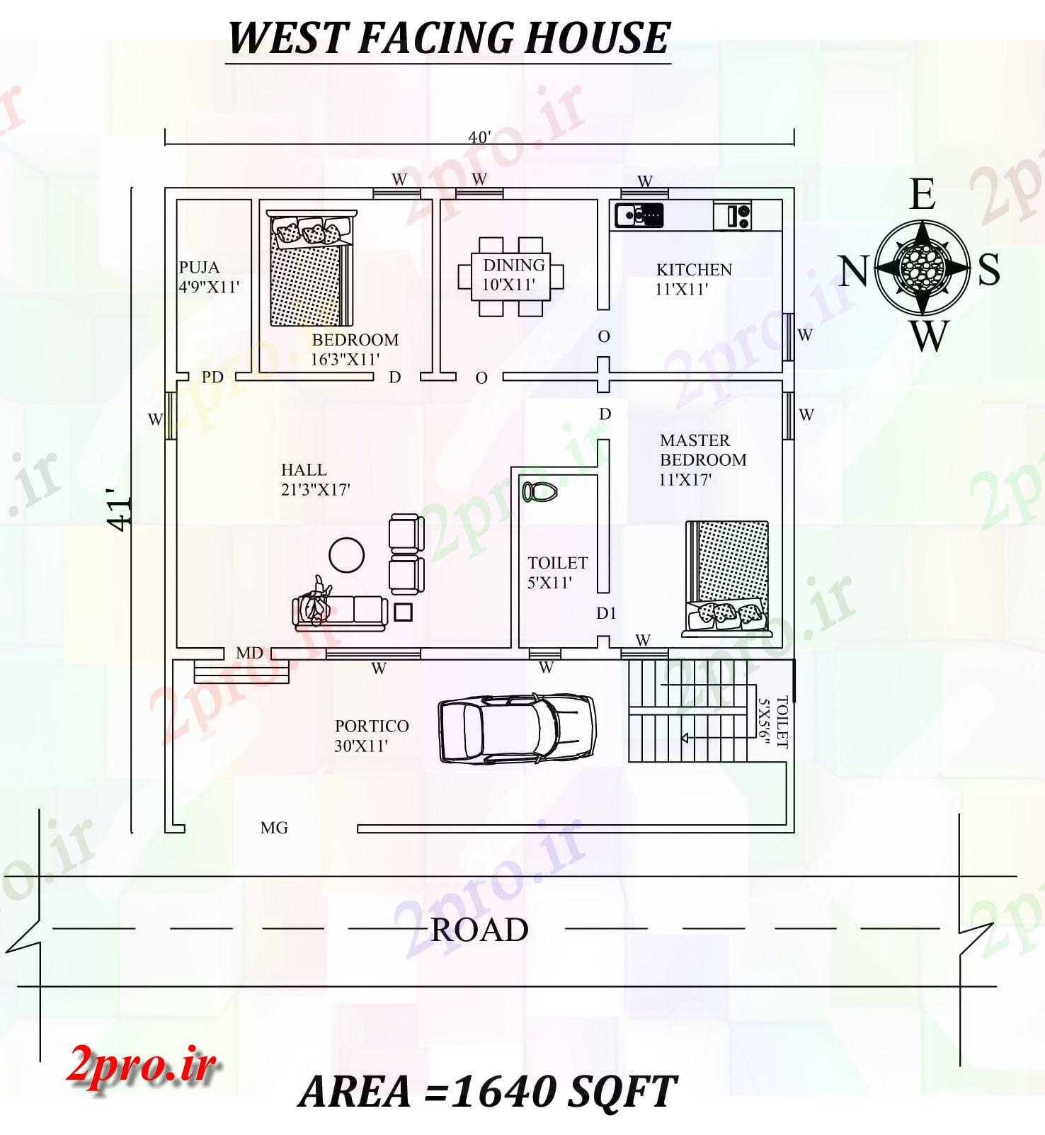 دانلود نقشه مسکونی ، ویلایی ، آپارتمان x41 غرب در مواجهه با 2BHK مبله خانه طرحی به عنوان در هر Vasthu شرا جزئیات 9 در 12 متر (کد155324)