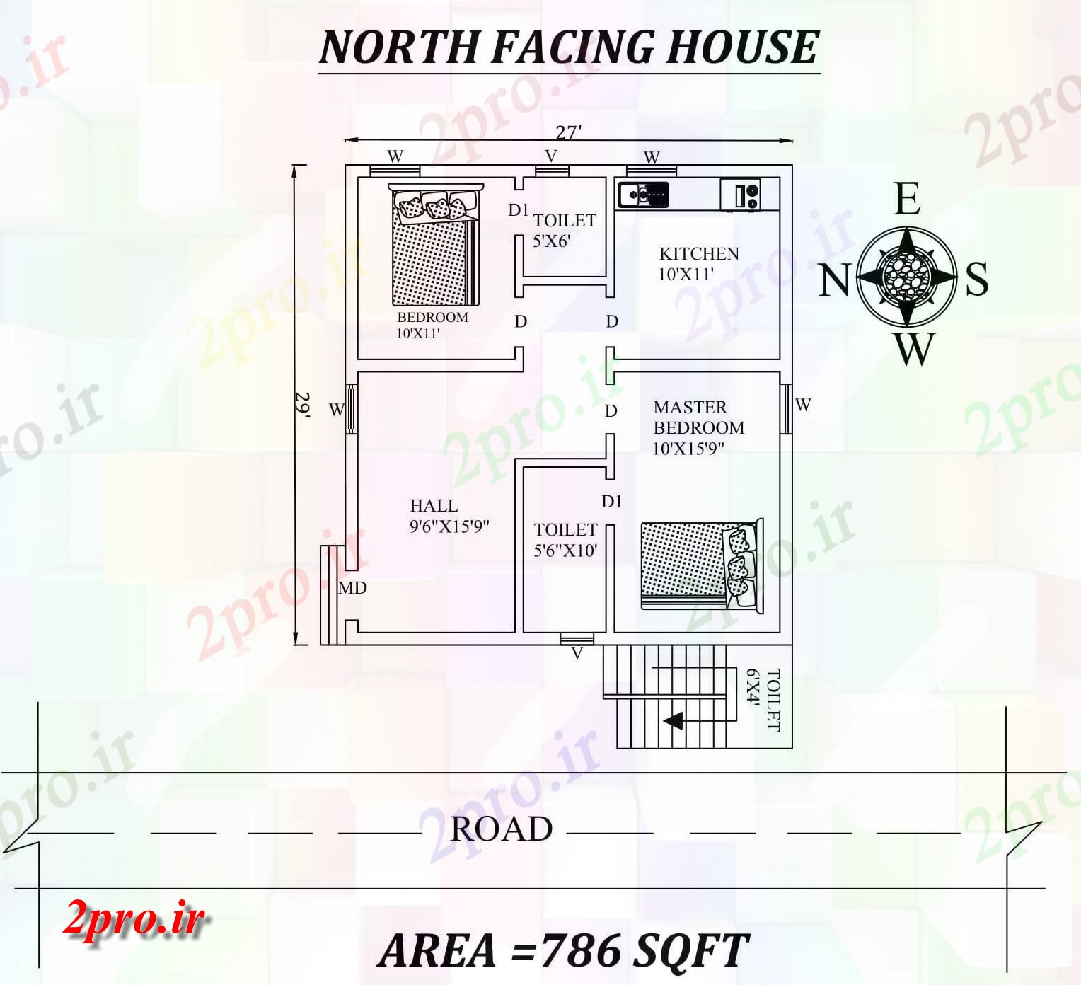 دانلود نقشه مسکونی ، ویلایی ، آپارتمان بودجه کوچک 2BHK شمالی 27'x29، در مواجهه با طرحی خانه همانطور که در Vastu را Shatra، جزئیات 8 در 9 متر (کد155327)