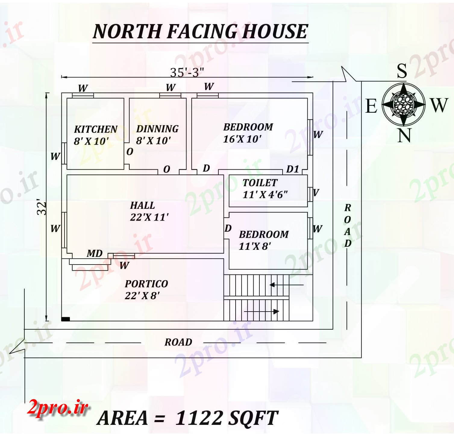 دانلود نقشه مسکونی ، ویلایی ، آپارتمان x32 'کامل 2BHK شمالی خانه طرحی به عنوان در هر Vastu Shastra هستند، اتوکد و جزئیات PDF 7 در 10 متر (کد155328)