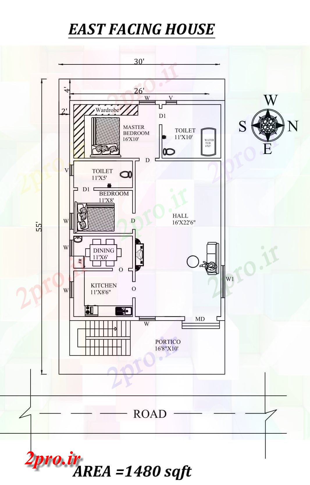 دانلود نقشه مسکونی ، ویلایی ، آپارتمان x55 'شگفت انگیز به طور کامل مبله 2BHK شرق روبرو خانه طرحی به عنوان در هر Vasthu شرا اتوکد جزئیات 9 در 12 متر (کد155330)