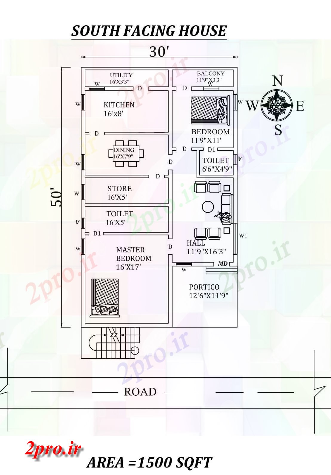 دانلود نقشه مسکونی ، ویلایی ، آپارتمان x30 بسیار خوب جنوبی روبرو 2BHK خانه طرحی به عنوان در هر Vasthu شرا اتوکد جزئیات 9 در 15 متر (کد155331)