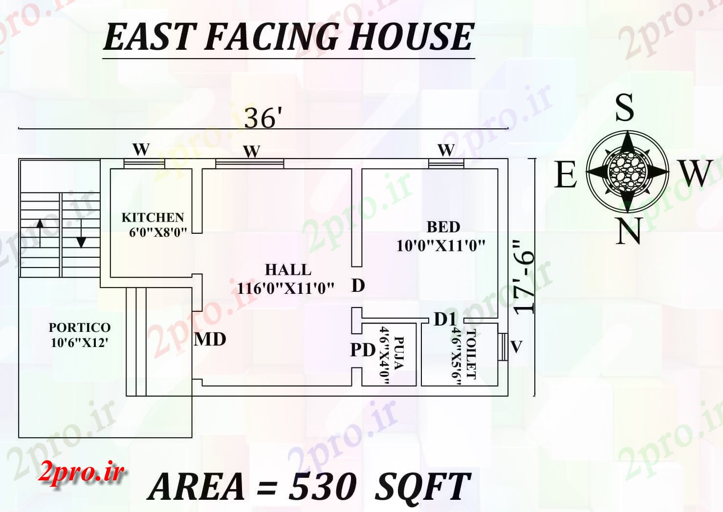 دانلود نقشه مسکونی ، ویلایی ، آپارتمان X17'6 شرق مواجه تک طرحی خانه BHK به عنوان در هر vasthu شرا جزئیات 5 در 9 متر (کد155332)