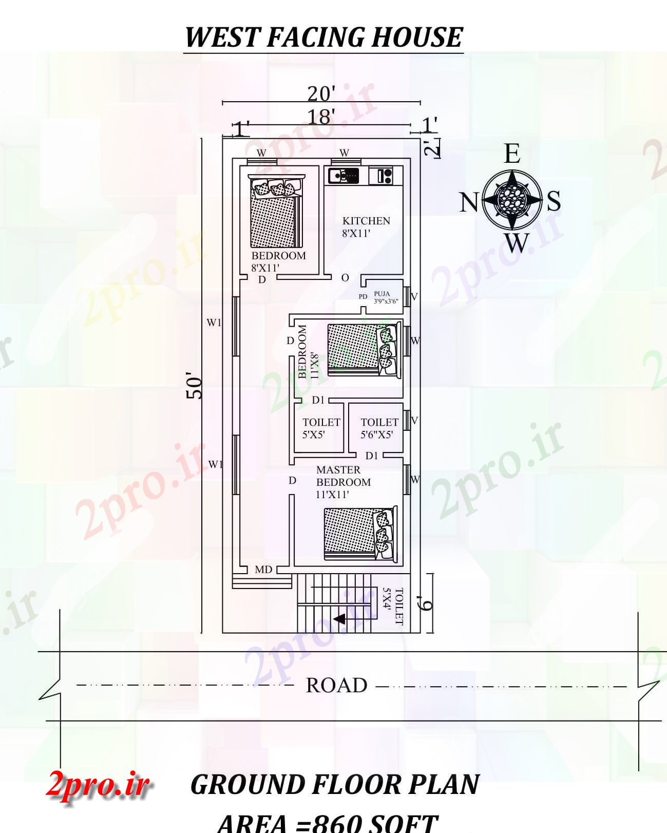 دانلود نقشه مسکونی ، ویلایی ، آپارتمان x50 'عالی به طور کامل مبله 3BHK غرب مواجه خانه طرحی به عنوان در هر Vastu Shastra هستند، جزئیات 20 در 50 متر (کد155333)