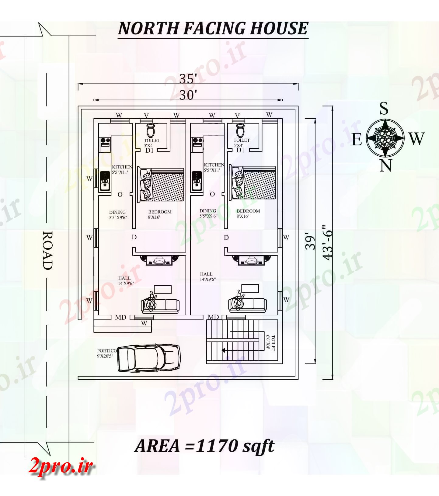 دانلود نقشه مسکونی ، ویلایی ، آپارتمان x43'6 دو تنها BHK شمالی خانه طرحی به عنوان در هر Vasthu شرا جزئیات 35 در 39 متر (کد155334)