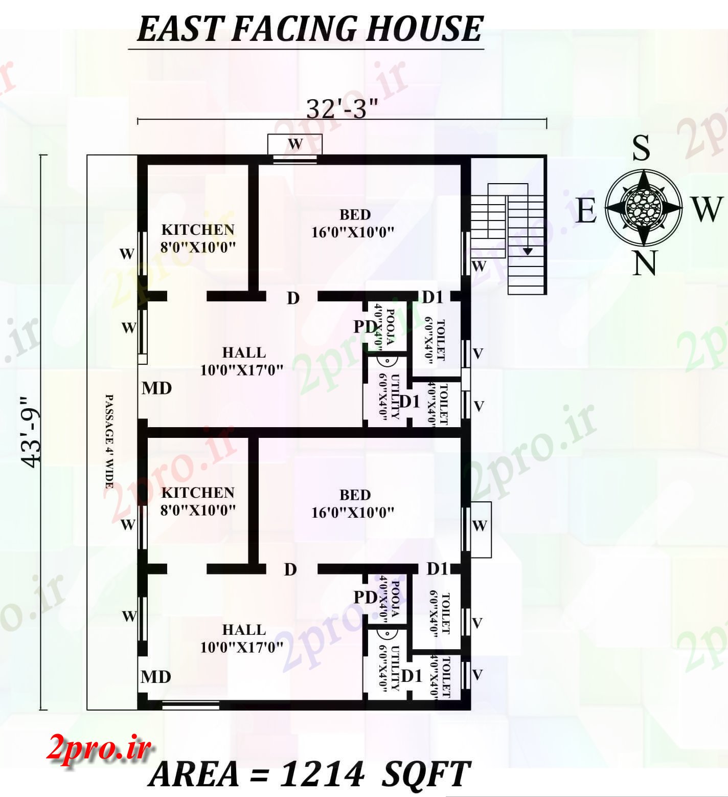 دانلود نقشه مسکونی ، ویلایی ، آپارتمان 3 X 43'9 1BHK زیبا شرق روبرو دوقلو خانه طرحی به عنوان در هر Vasthu شرا اتوکد و PDF اطلاعات 31 در 35 متر (کد155335)