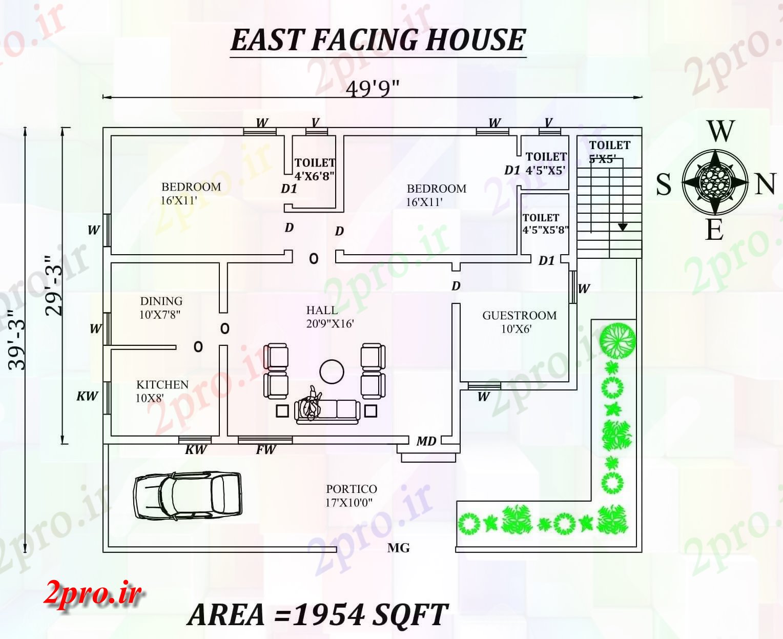 دانلود نقشه مسکونی ، ویلایی ، آپارتمان 9 x39'3 متفاوت، شکوهمند 3bhk شرق مواجه خانه طرحی به عنوان در هر Vastu Shastra هستند، جزئیات نشیمن 35 در 52 متر (کد155336)