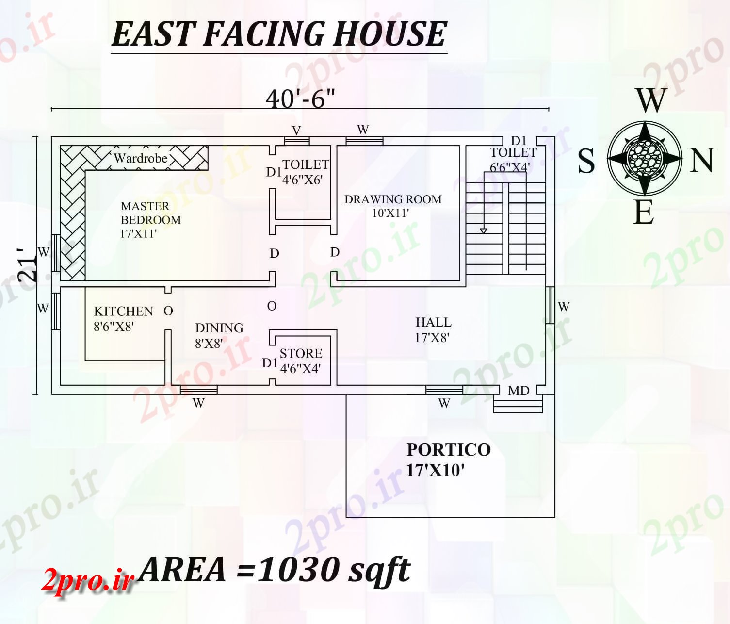 دانلود نقشه مسکونی ، ویلایی ، آپارتمان 6 X21 کامل شرق روبرو 2Bhk خانه طرحی به عنوان در هر Vasthu شرا اطلاعات 25 در 49 متر (کد155337)