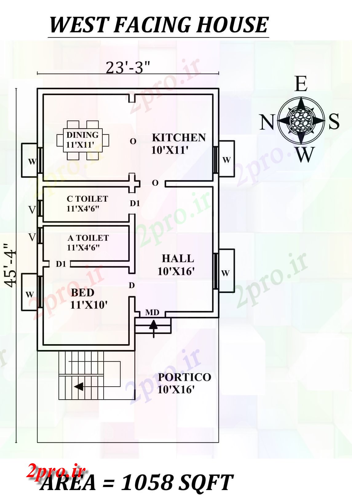 دانلود نقشه مسکونی ، ویلایی ، آپارتمان x45 تک BHK غرب مواجه طرحی خانه به عنوان پستها در طول Vasthu شرا 27 در 40 متر (کد155338)