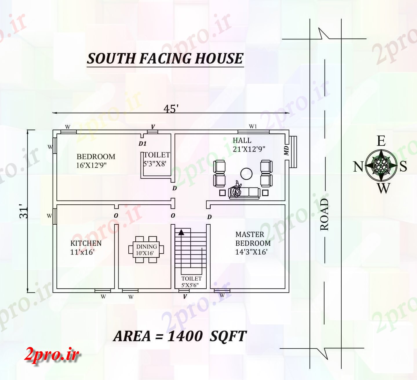 دانلود نقشه مسکونی ، ویلایی ، آپارتمان x31، جنوبی، رو طرحی 2BHK خانه به عنوان در هر vasthu شرا و جزئیات پی دی اف 37 در 54 متر (کد155339)