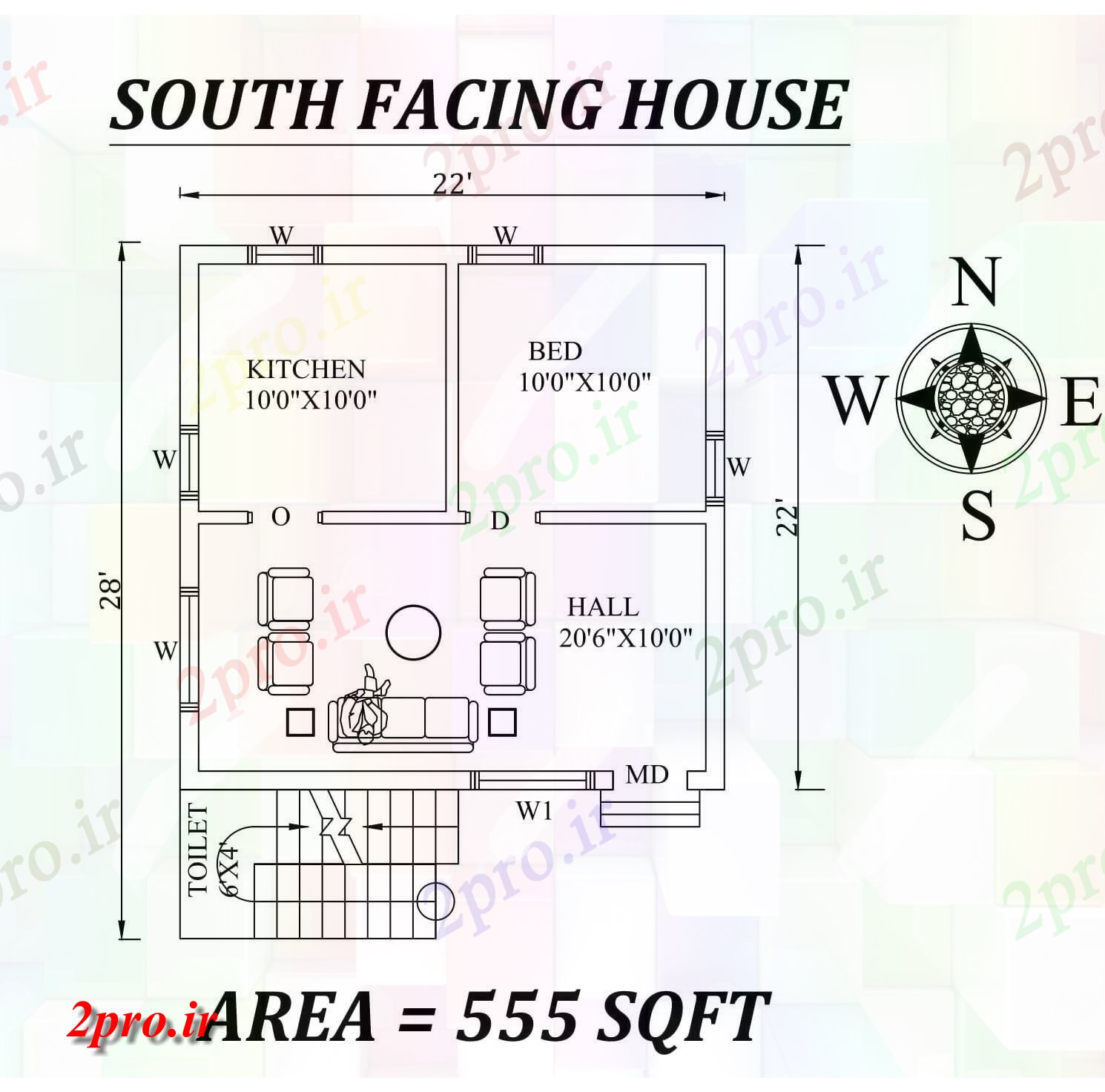 دانلود نقشه مسکونی ، ویلایی ، آپارتمان x28، زیبا 1BHK جنوبی روبرو ریز خانه طرحی به عنوان در هر Vasthu شرا اتوکد جزئیات 26 در 26 متر (کد155342)