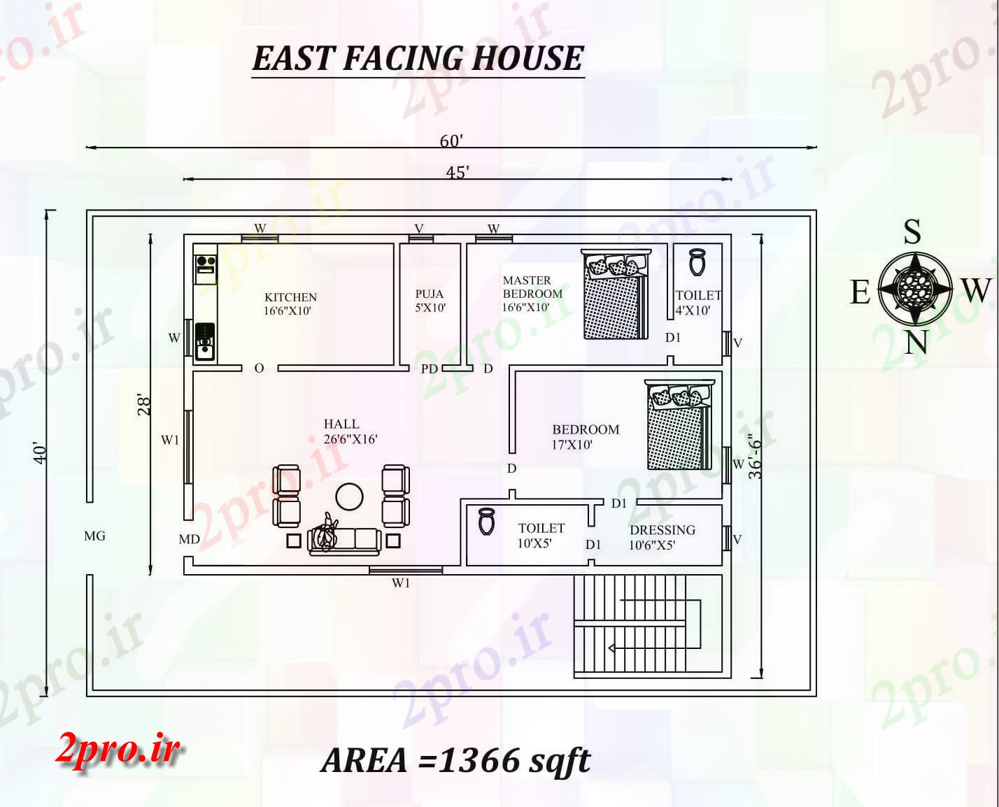 دانلود نقشه مسکونی ، ویلایی ، آپارتمان x40، زیبا شرق مواجه طرحی خانه 2bhk به عنوان در هر Vastu Shastra هستند، جزئیات 33 در 54 متر (کد155344)