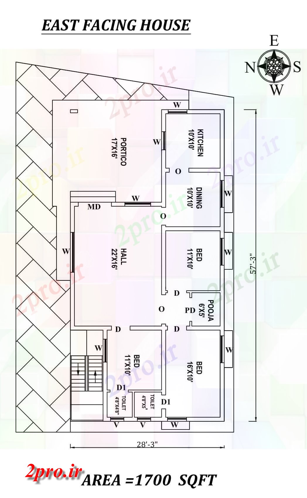 دانلود نقشه مسکونی ، ویلایی ، آپارتمان x57 'شگفت انگیز شرق روبرو 3BHk خانه طرحی به عنوان در هر Vasthu شرا و پی دی اف جزئیات 33 در 68 متر (کد155345)