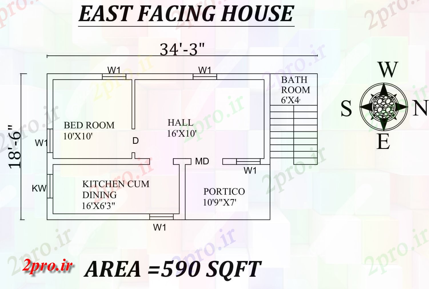 دانلود نقشه مسکونی ، ویلایی ، آپارتمان 3 X 18'6 تنها BHK شرق مواجه خانه طرحی به عنوان در هر Vastu Shastra هستند، جزئیات 22 در 33 متر (کد155347)