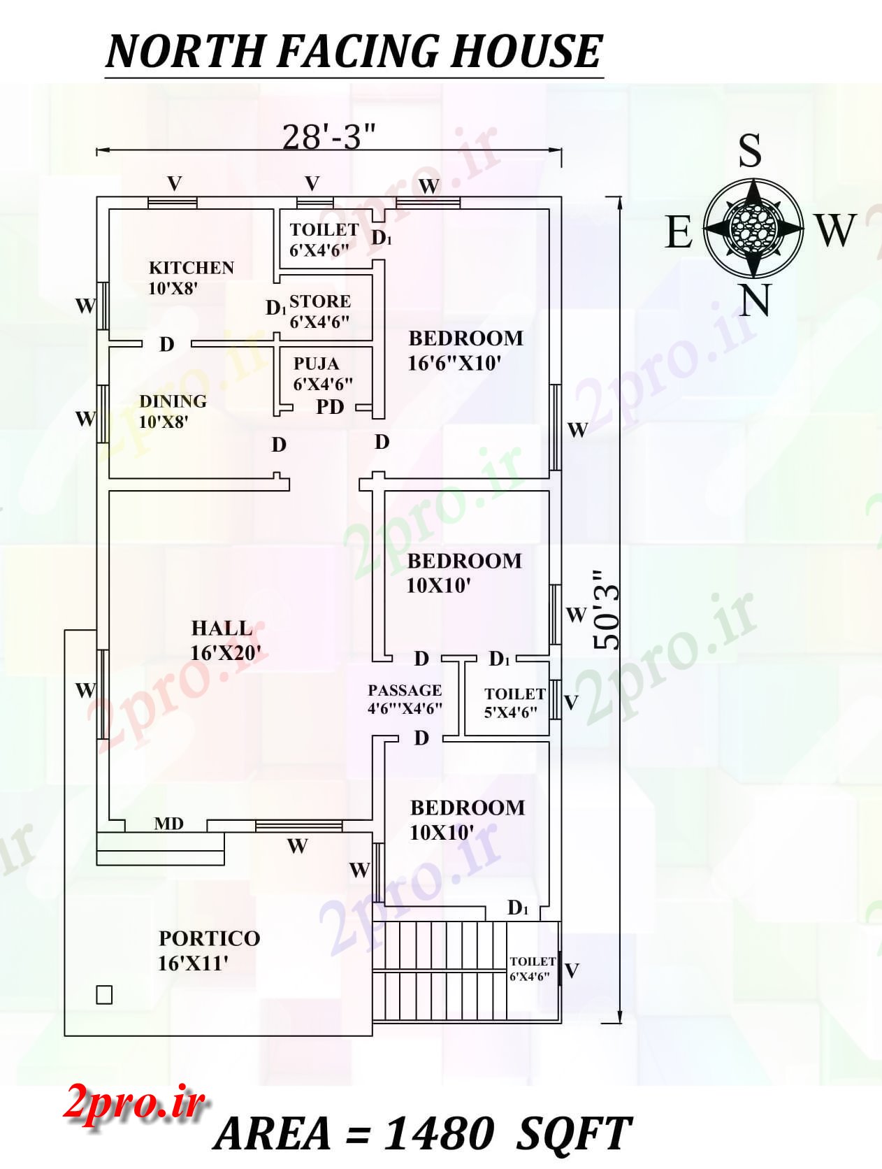 دانلود نقشه مسکونی ، ویلایی ، آپارتمان x50، 3bhk شگفت شمالی خانه طرحی به عنوان در هر Vastu Shastra هستند، اتوکد و PDF اطلاعات 33 در 52 متر (کد155350)