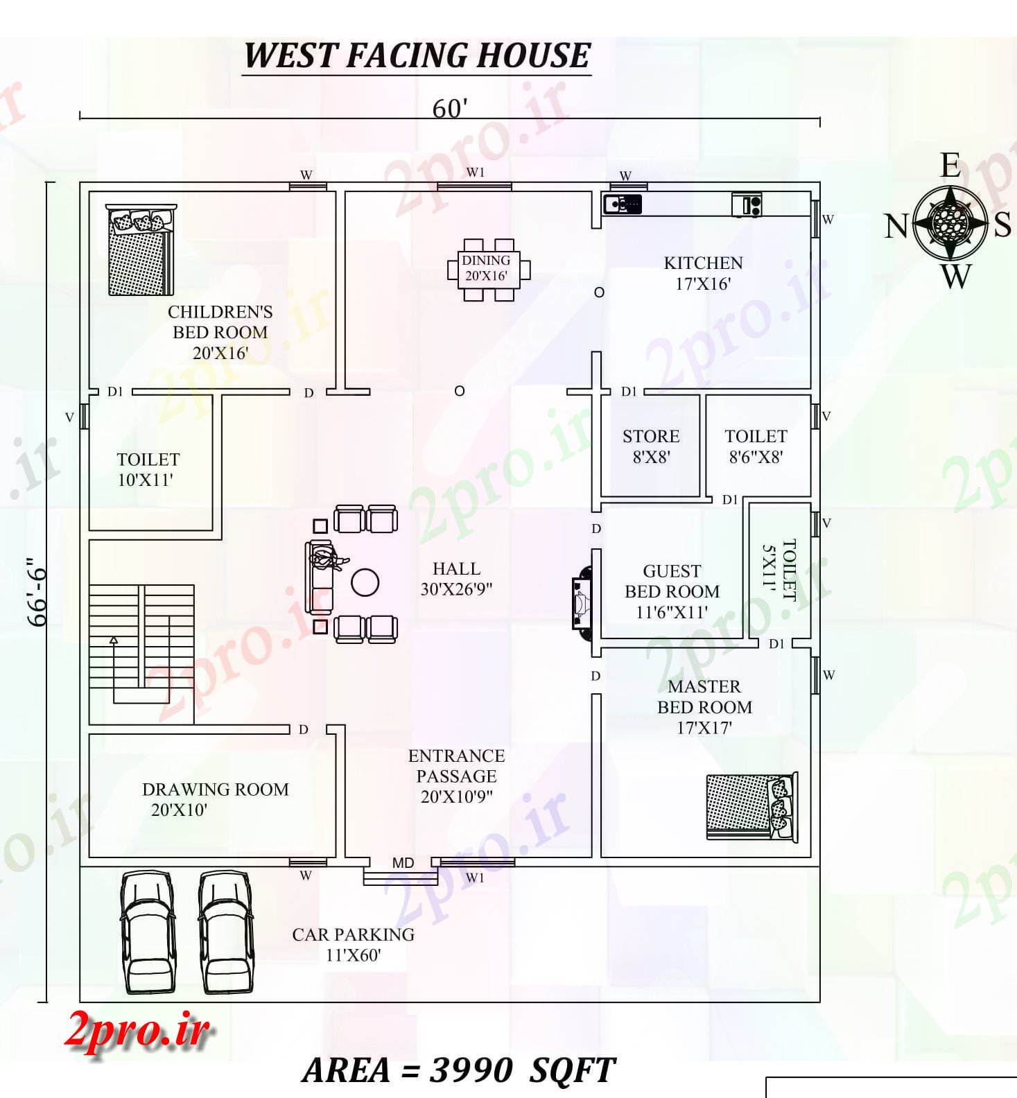 دانلود نقشه مسکونی ، ویلایی ، آپارتمان x66'6 3bhk زیبا غرب مواجه خانه طرحی به عنوان در هر Vastu Shastra هستند، اتوکد و جزئیات پی دی اف 65 در 72 متر (کد155351)