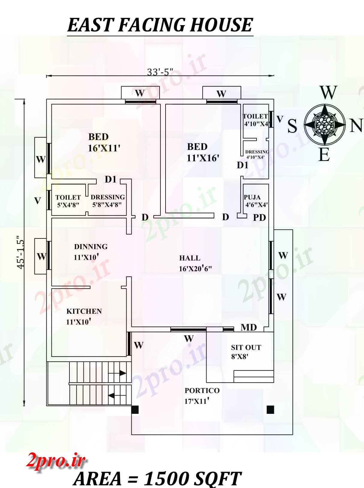 دانلود نقشه مسکونی ، ویلایی ، آپارتمان 5 X45 'شگفت انگیز 2bhk شرق مواجه خانه طرحی به عنوان در هر Vastu Shastra هستند، اتوکد و جزئیات پی دی اف 40 در 46 متر (کد155356)