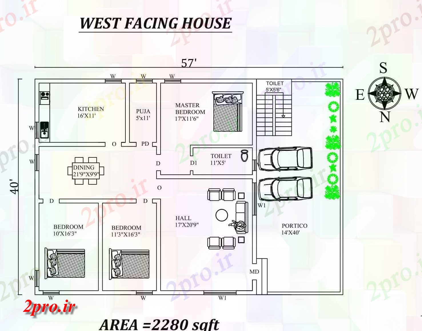 دانلود نقشه مسکونی ، ویلایی ، آپارتمان x40، 3bhk شگفت غرب مواجه خانه طرحی به عنوان در هر Vastu Shastra هستند، اتوکد جزئیات 48 در 49 متر (کد155358)