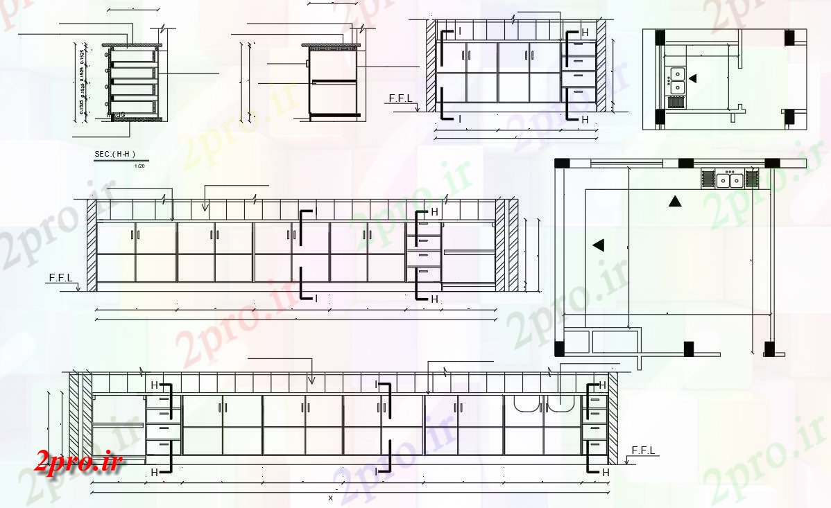 دانلود نقشه آشپزخانه داخلی طراحی از آشپزخانه با طرحی نماات و بخش ها (کد155391)