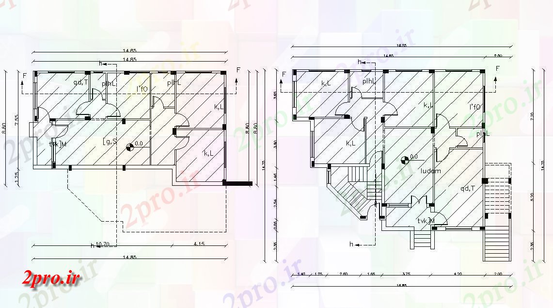 دانلود نقشه خانه های کوچک ، نگهبانی ، سازمانی - طبقه همکف و طبقه اول طرحی 12 در 14 متر (کد155475)