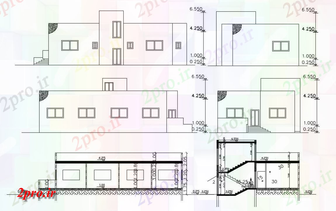 دانلود نقشه خانه های کوچک ، نگهبانی ، سازمانی - فوت مربع ساختمان خانه بخشی نما طراحی (کد155601)