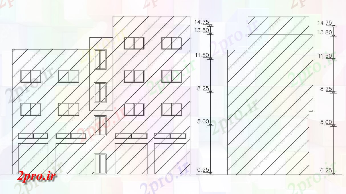 دانلود نقشه مسکونی  ، ویلایی ، آپارتمان  آپارتمان ساختمان عقب و جلو نما (کد155610)