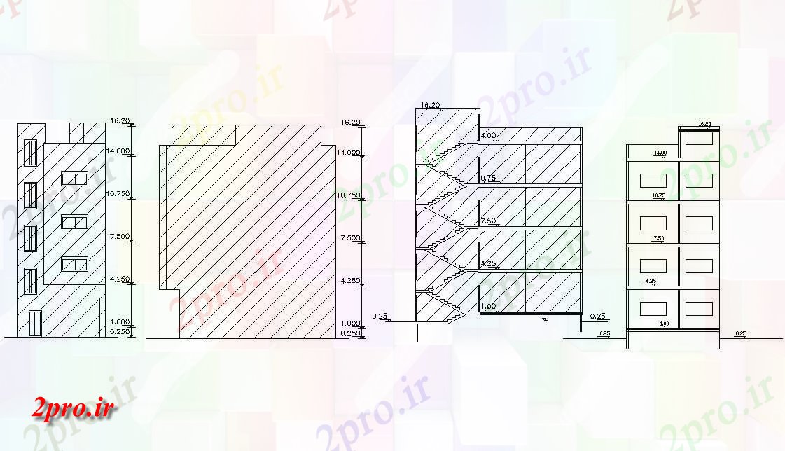 دانلود نقشه مسکونی  ، ویلایی ، آپارتمان  چهار طبقه نما و بخش های آپارتمان   ساختمان  (کد155650)