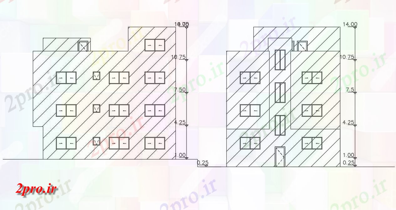 دانلود نقشه مسکونی  ، ویلایی ، آپارتمان  جلو و عقب نمای طراحی آپارتمان   ساختمان (کد155668)