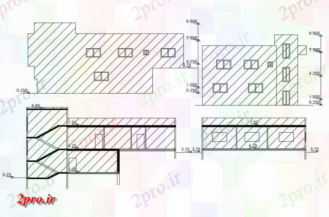 دانلود نقشه خانه های کوچک ، نگهبانی ، سازمانی - فوت مربع ویلایی ساختمان (بخشی) نما طراحی (کد155686)