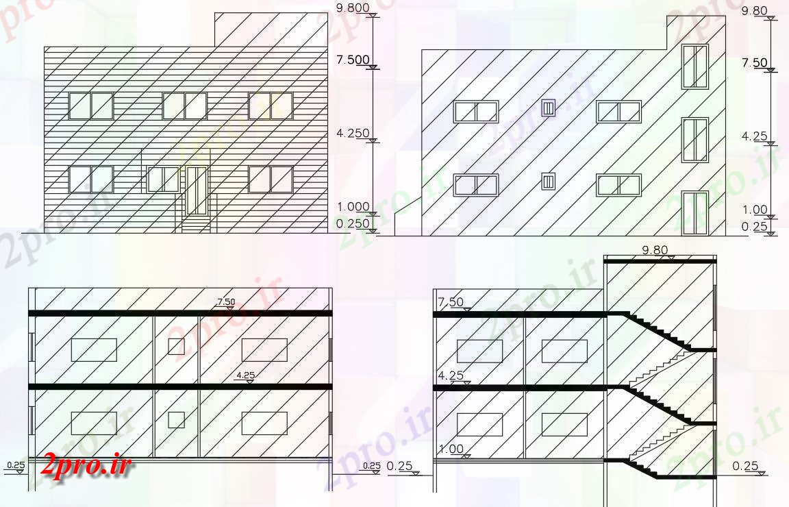 دانلود نقشه خانه های کوچک ، نگهبانی ، سازمانی - فوت مربع خانه بخش و نما   (کد155702)