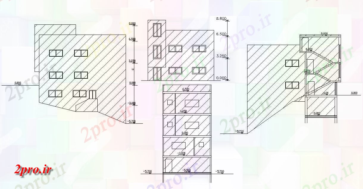 دانلود نقشه مسکونی  ، ویلایی ، آپارتمان  دو نما و بخش های مسکونی   (کد155715)