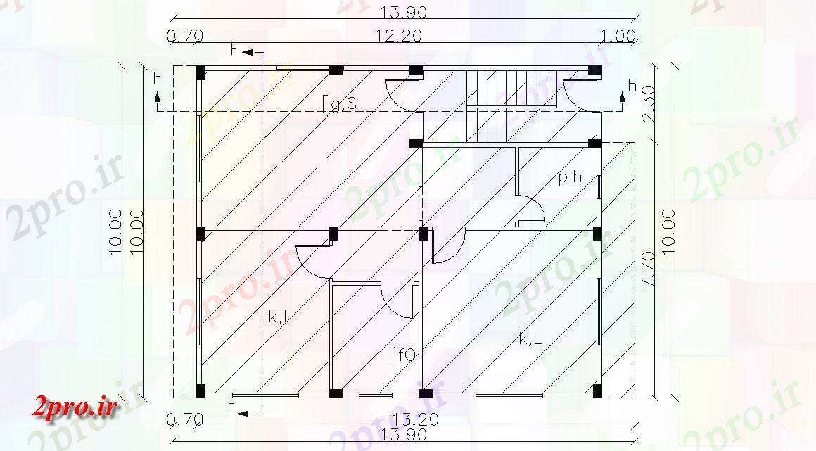 دانلود نقشه خانه های کوچک ، نگهبانی ، سازمانی - بزرگ ستون ویلایی برنامه ریزی با علامت گذاری طراحی به 10 در 13 متر (کد155751)