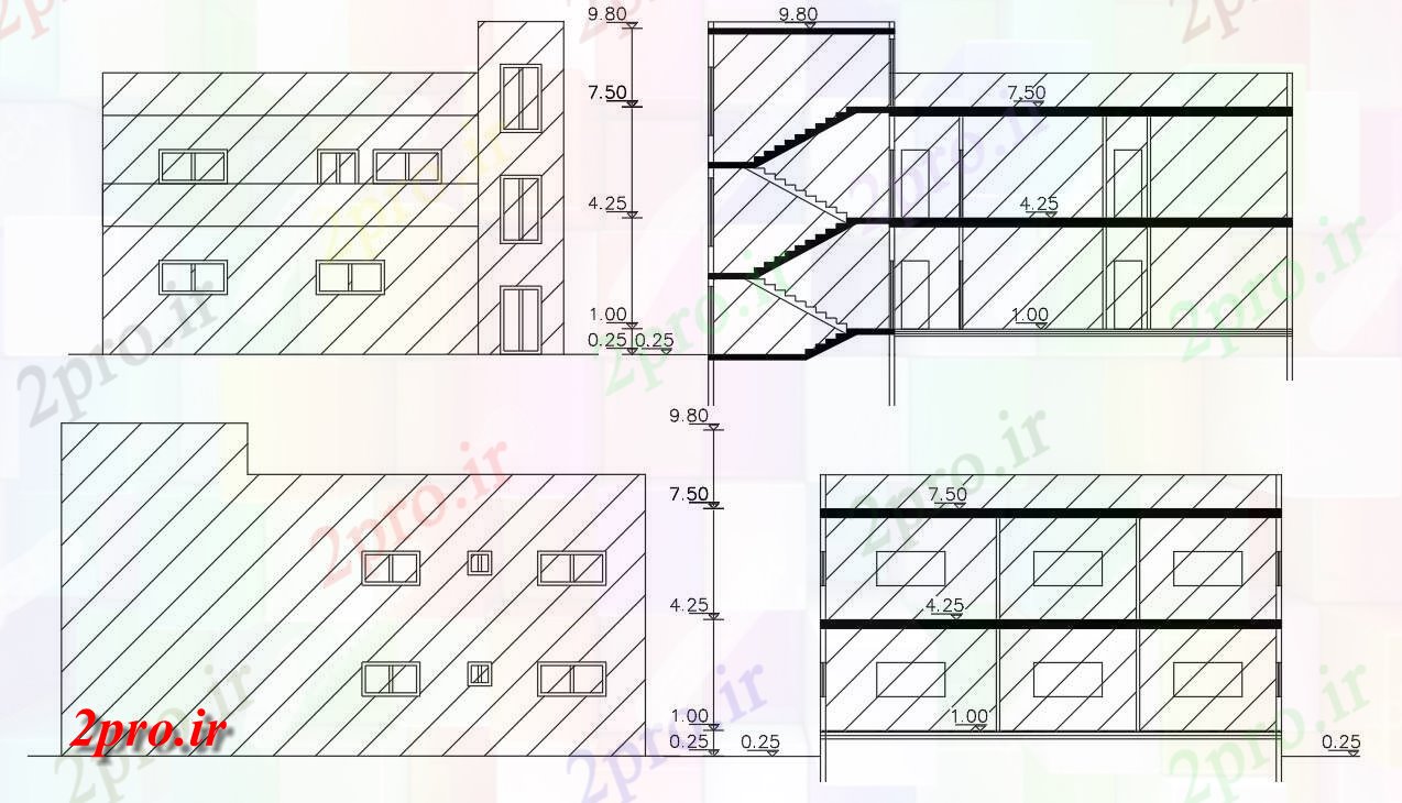 دانلود نقشه خانه های کوچک ، نگهبانی ، سازمانی - فوت مربع بخش خانه و نما طراحی (کد155752)