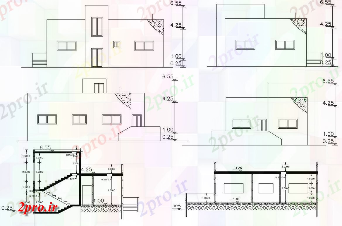 دانلود نقشه خانه های کوچک ، نگهبانی ، سازمانی - فوت مربع ساختمان خانه بخشی نما طراحی (کد155933)