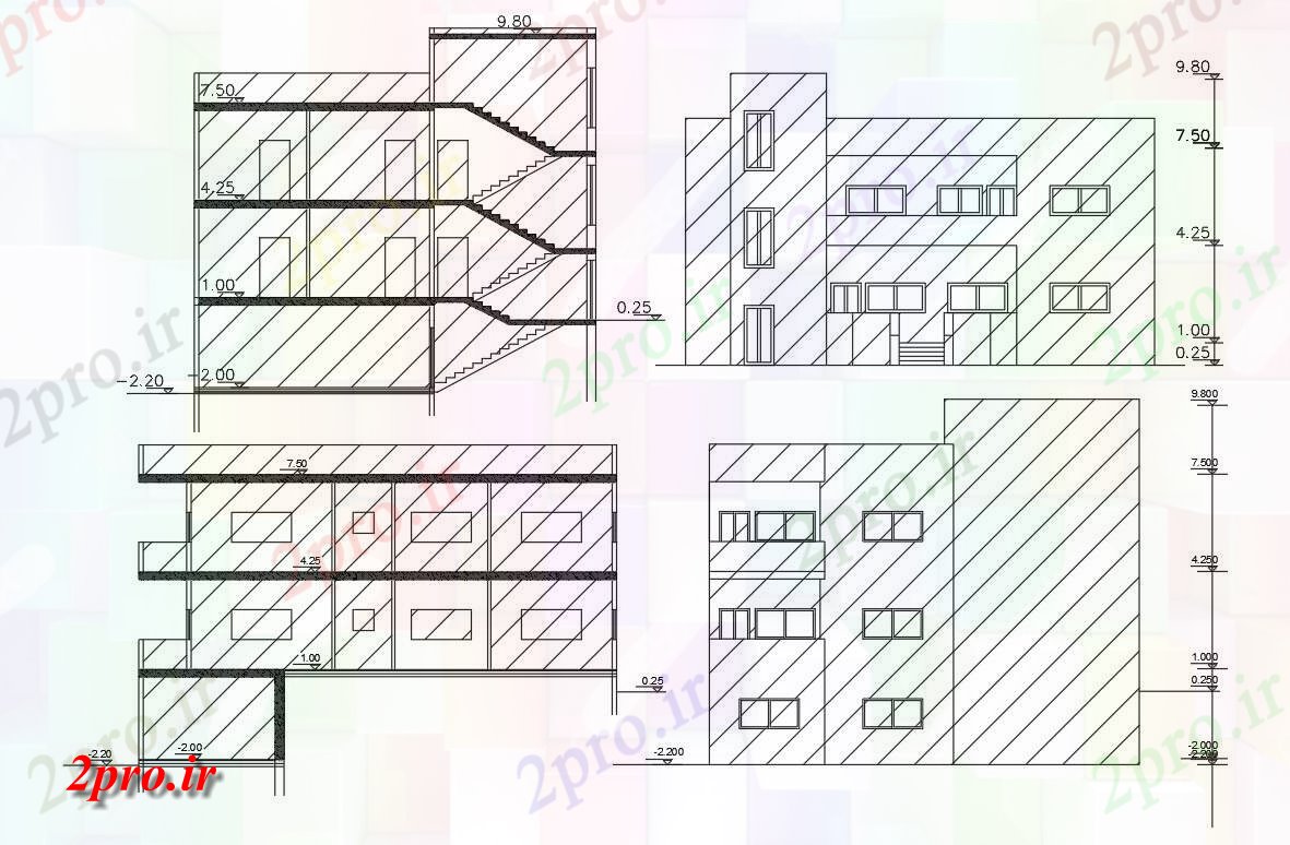 دانلود نقشه خانه های کوچک ، نگهبانی ، سازمانی - معماری خانه ویلایی جلو و عقب طراحی ساختمان (کد155939)