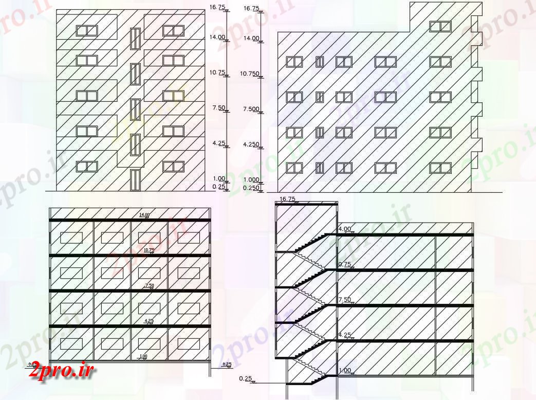 دانلود نقشه مسکونی  ، ویلایی ، آپارتمان  سطحی آپارتمان   جلو و سمت ساختمان طراحی (کد155952)