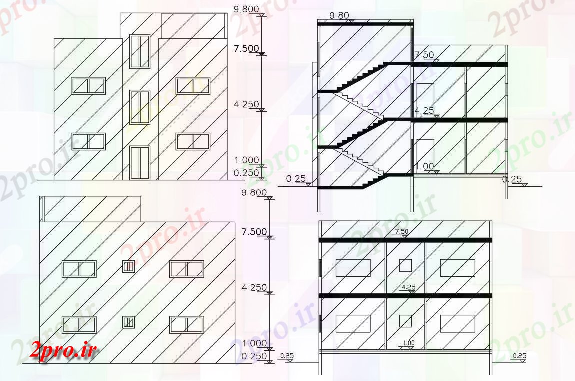 دانلود نقشه خانه های کوچک ، نگهبانی ، سازمانی - طبقه ساختمان خانه جلو و عقب  طراحی (کد155954)