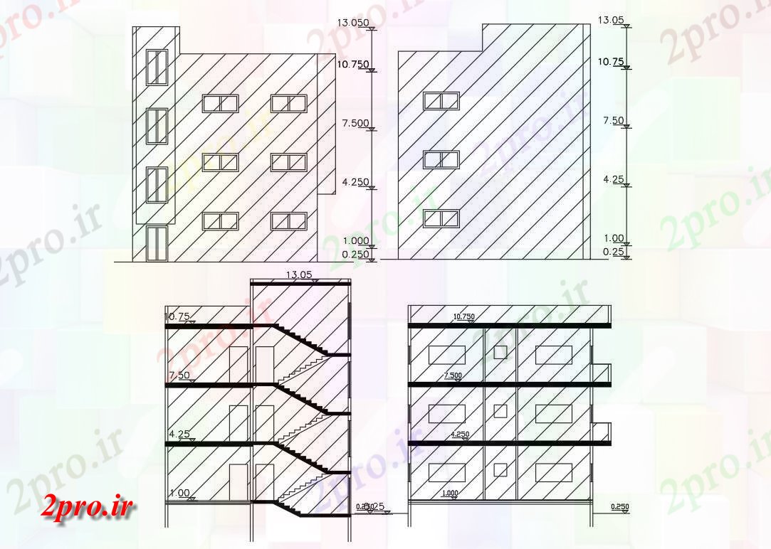 دانلود نقشه مسکونی  ، ویلایی ، آپارتمان  سطحی آپارتمان   جلو و سمت  طراحی (کد155958)