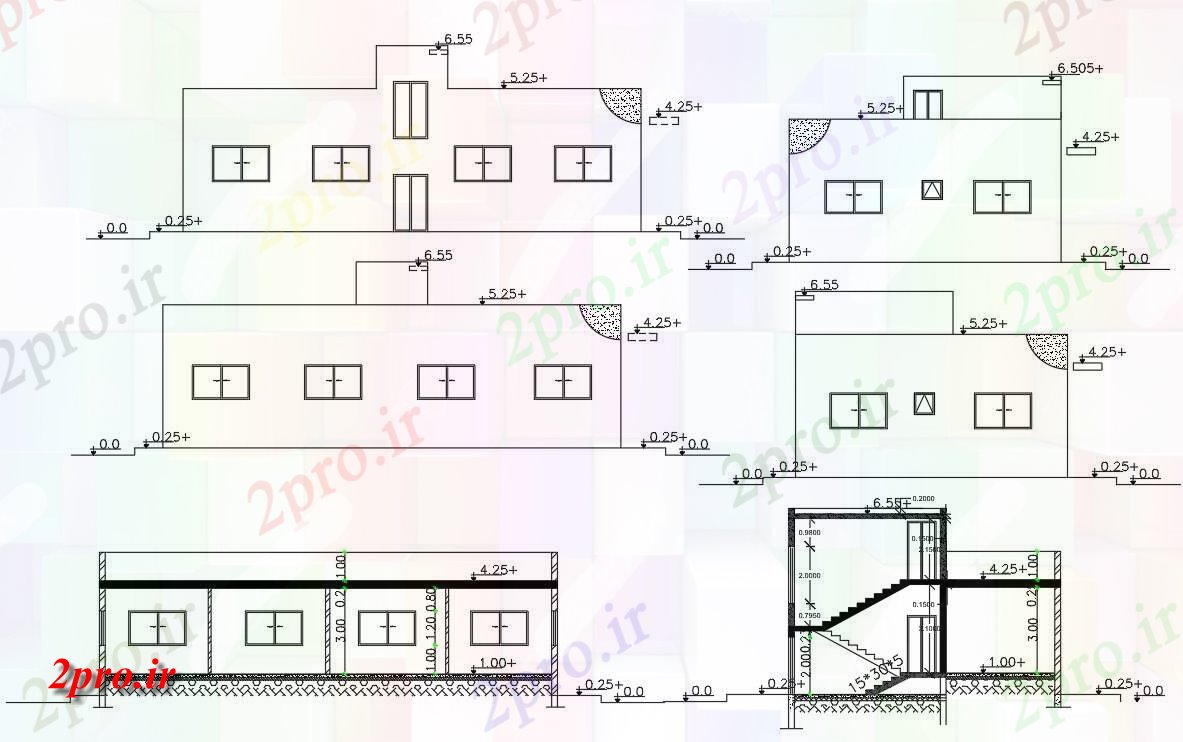 دانلود نقشه خانه های کوچک ، نگهبانی ، سازمانی - خانه مشترک ساختمان (بخشی) نما (کد155973)