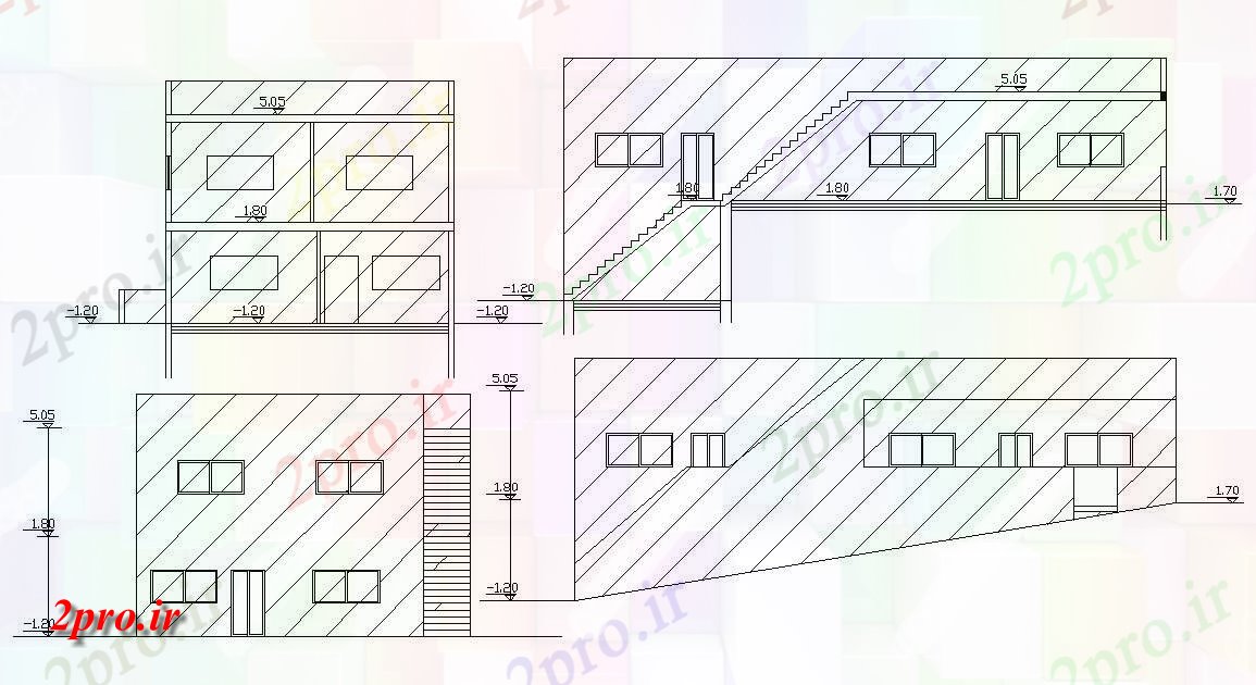 دانلود نقشه خانه های کوچک ، نگهبانی ، سازمانی - جلو و سمت  خانه بخشی نما طراحی (کد155997)